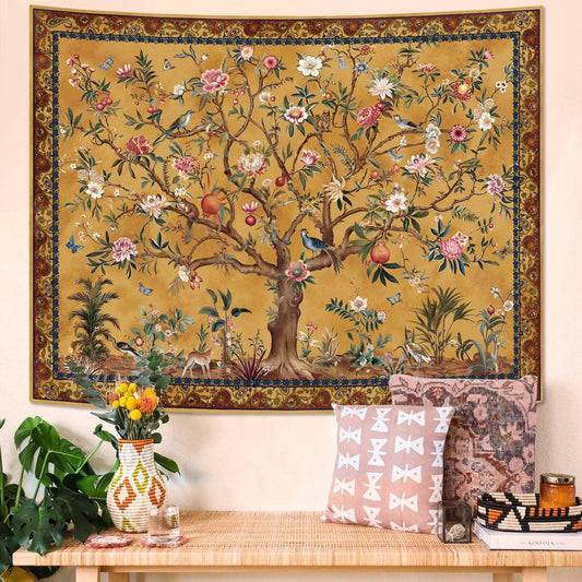 Faxdong Boho Tree of LIfe Tapestry, Vintage Flower Leaves Birds Plant Animal Pattern Tapestries, Retro Indian Bohemian Aesthetic Wall Hanging Orange Yellow 36×48 inch