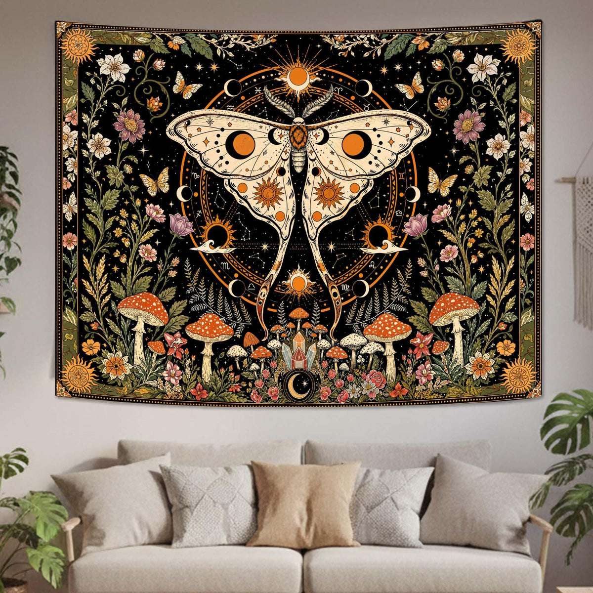 Rexful Celestial Moth Tapestry Wall Hanging Gothic Witchy Moon Phase Mushroom Flower Mystical Design Aesthetics Tapestries for Bedroom Living Room Home Decor