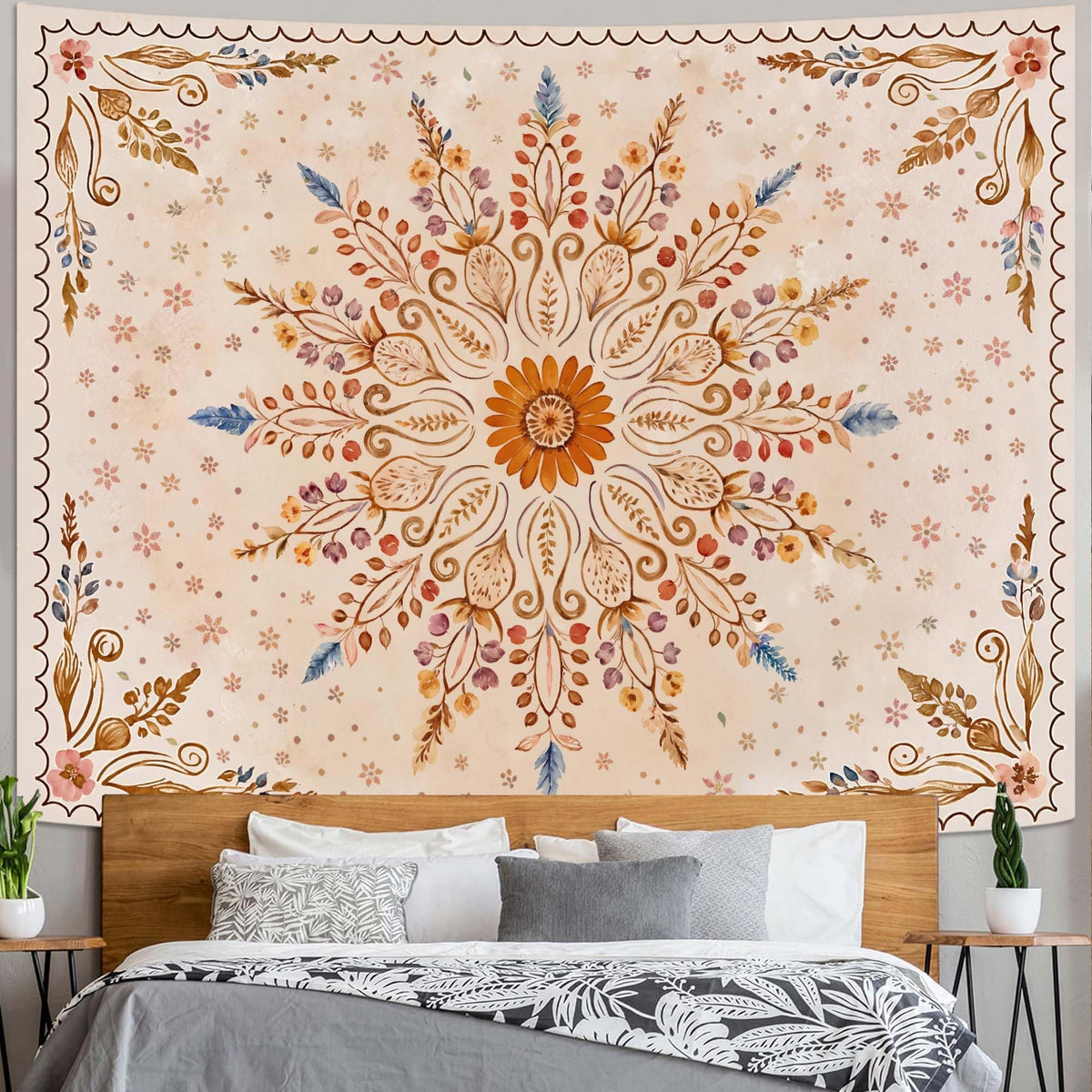 Fowocu Boho Floral Mandala Tapestry Wall Hanging Bohemian Flower Medallion Tapestry Aesthetic Beige Brown Hippie Indian Small Tapestries for Bedroom Living Room Dorm Decor 40 x 30 Inch