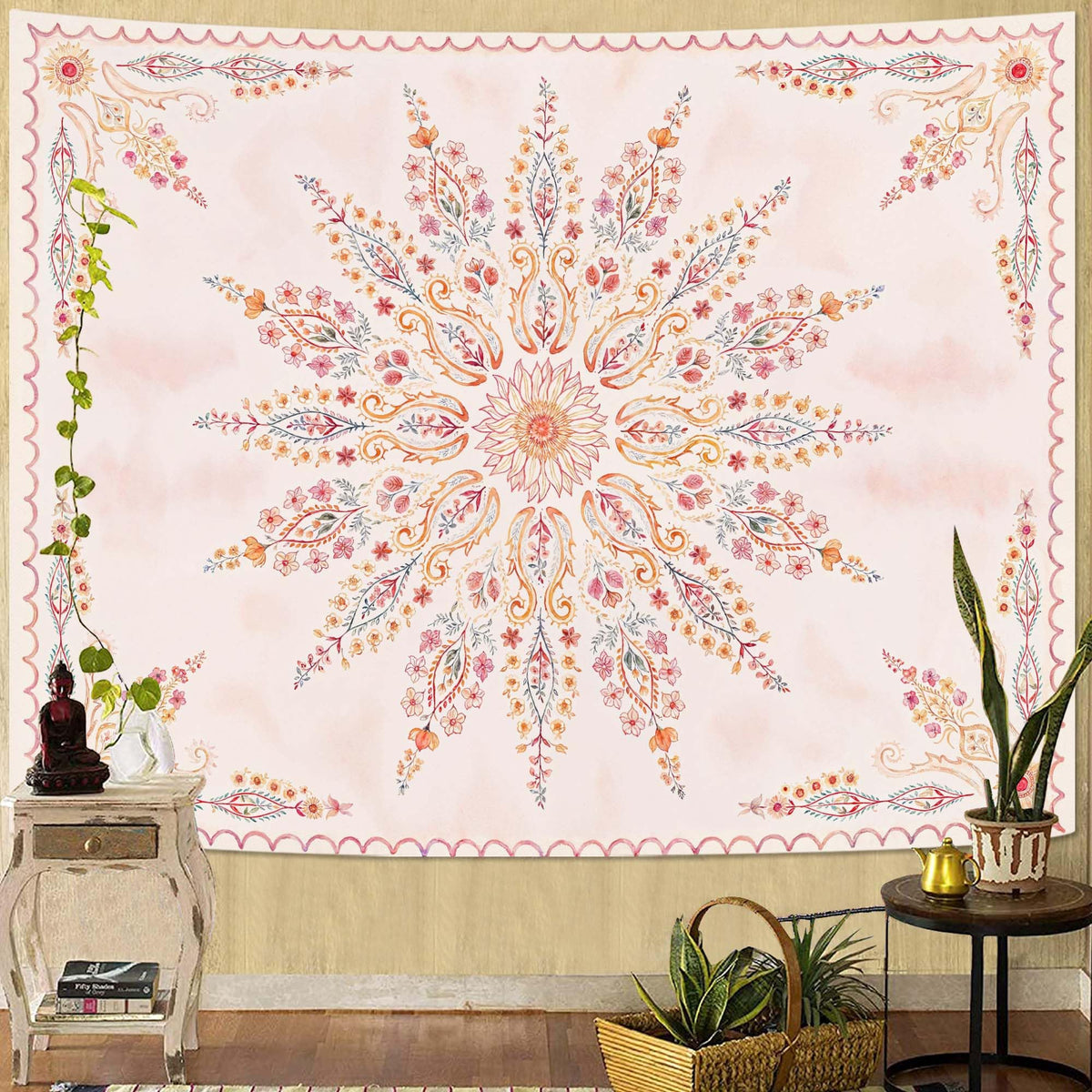 Fowocu Boho Floral Mandala Tapestry Wall Hanging Bohemian Flower Medallion Tapestry Aesthetic Beige Brown Hippie Indian Small Tapestries for Bedroom Living Room Dorm Decor 40 x 30 Inch