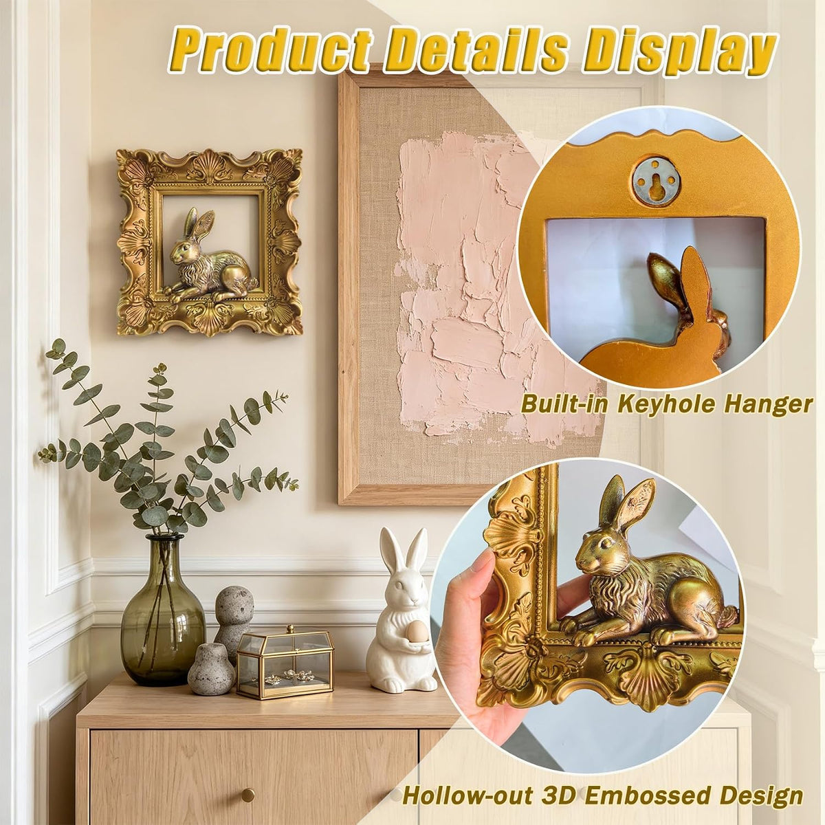 Rabbit Wall Decor with Gold Frame, Baroque Resin Bunny Wall Sculpture