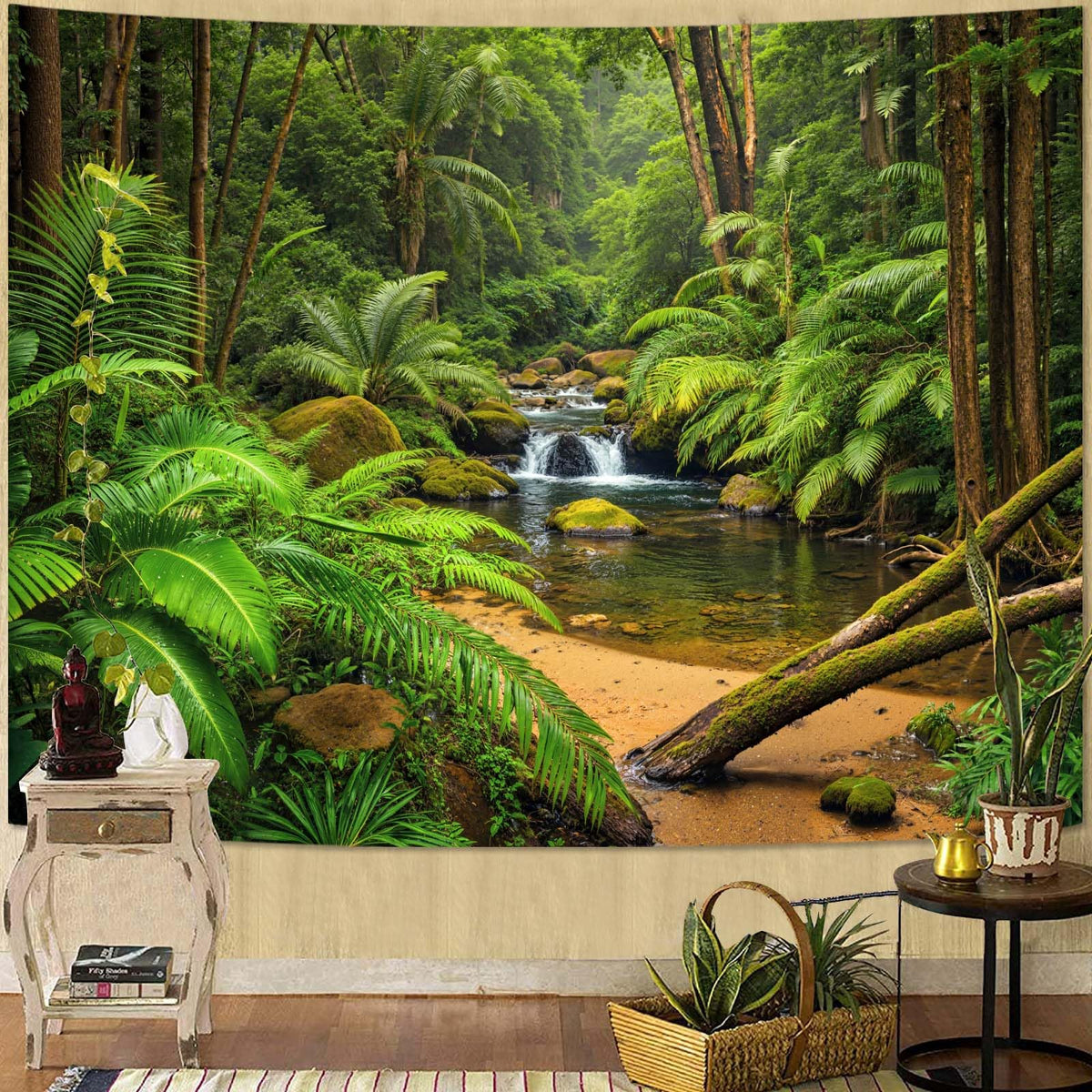 Zussun Nature Forest Tapestry Green Tree Wall Tapestry for Bedroom Aesthetic Plant Stream Pool Landscape Small Tapestries Wall Hanging for Dorm Living Room Decor 48 x 36 Inch