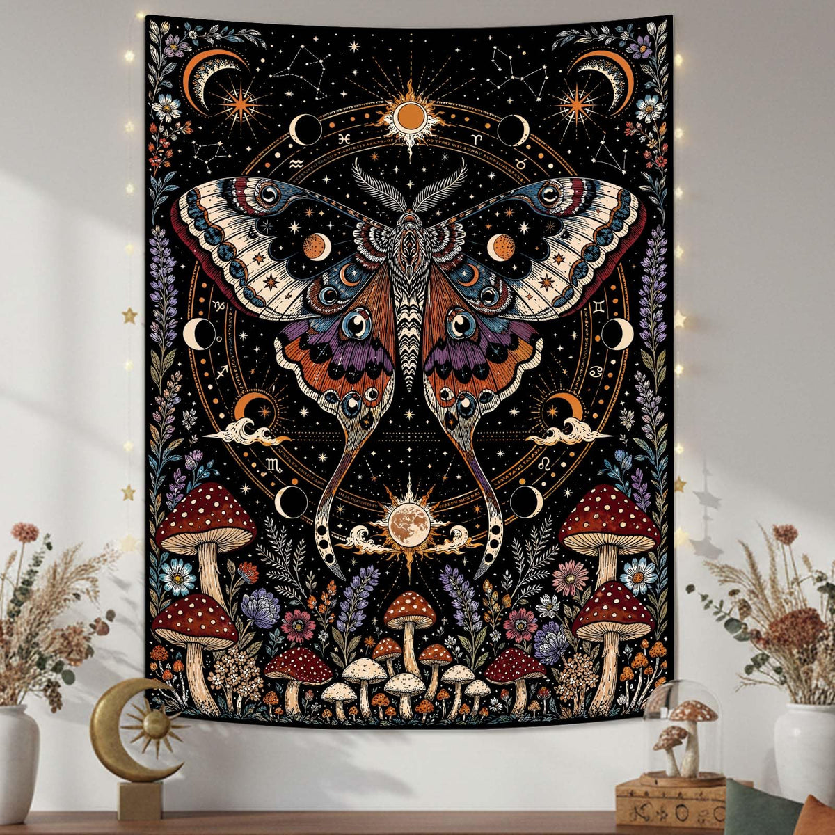 Rexful Celestial Moth Tapestry Wall Hanging Gothic Witchy Moon Phase Mushroom Flower Mystical Design Aesthetics Tapestries for Bedroom Living Room Home Decor