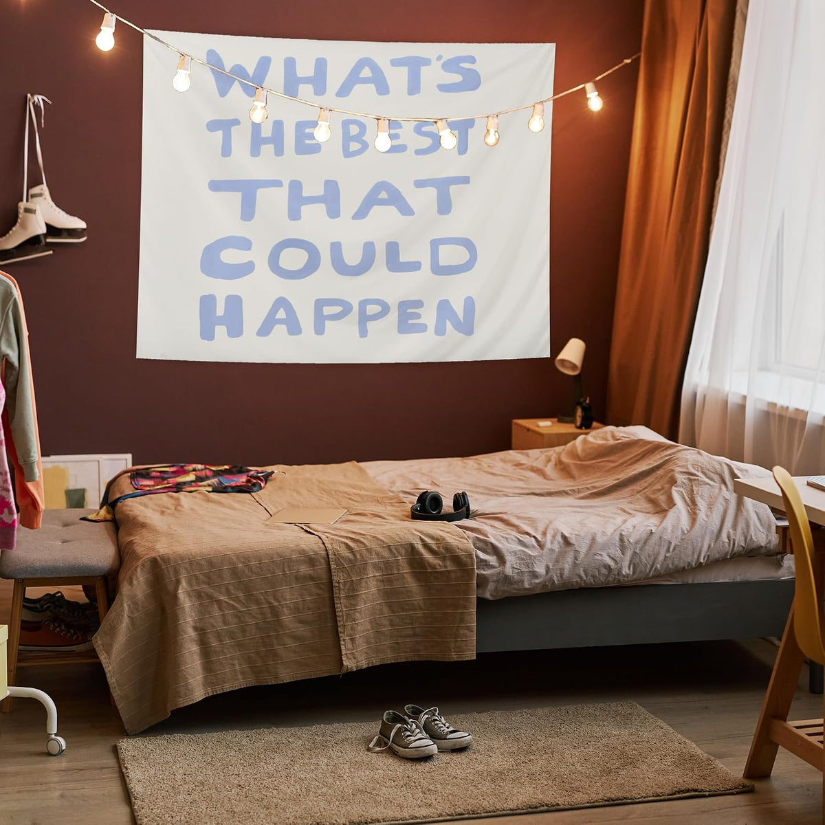 AQYIP What's the Best That Could Happen Inspirational Tapestry, Motivational Tapestry Decorative, Trendy Blue Positive Quote Wall Tapestries Blanket Decor for Home Office, 50x60 Inch