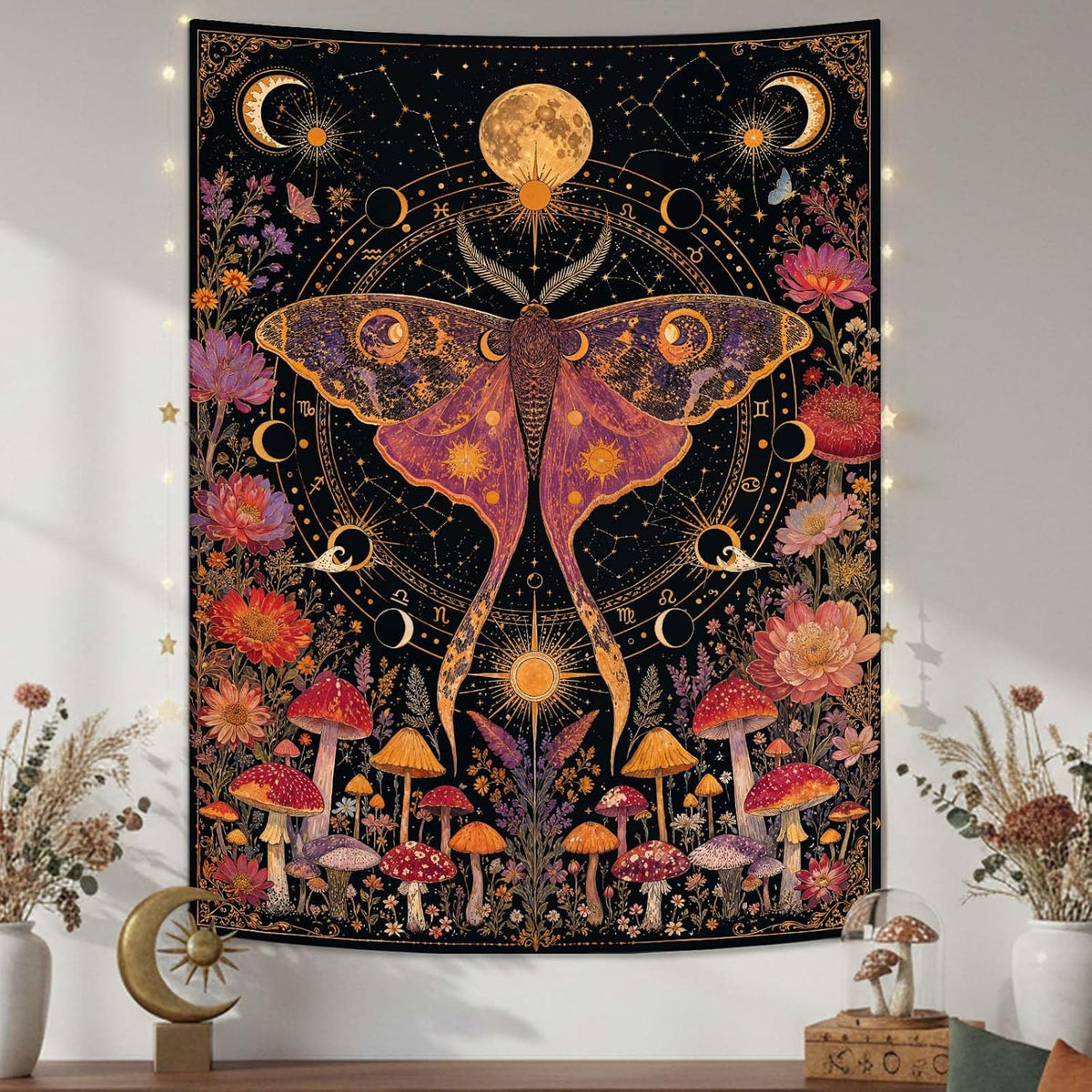Rexful Celestial Moth Tapestry Wall Hanging Gothic Witchy Moon Phase Mushroom Flower Mystical Design Aesthetics Tapestries for Bedroom Living Room Home Decor