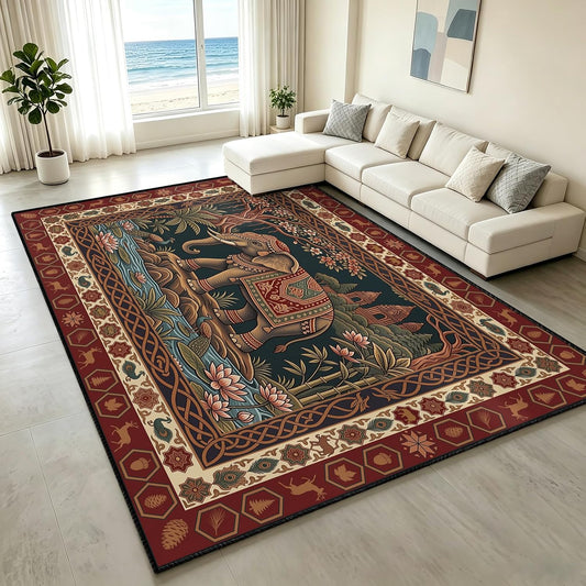 Indian Elephant Area Rug 3x5 Red Vintage Boho Tapestry Style Carpet