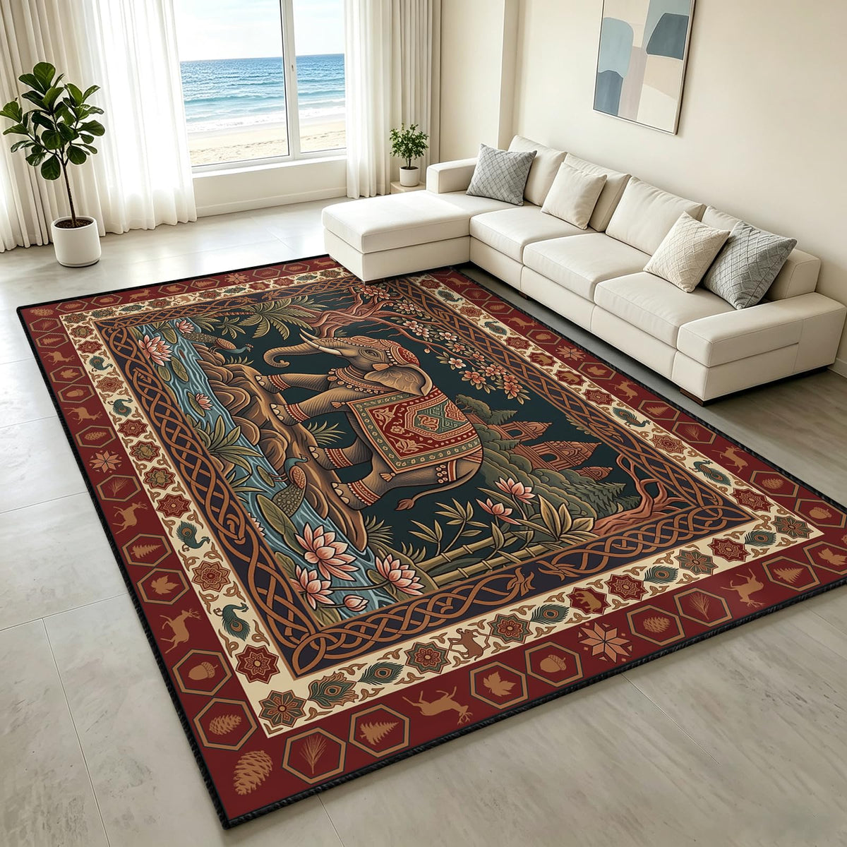 Indian Elephant Area Rug 3x5 Red Vintage Boho Tapestry Style Carpet