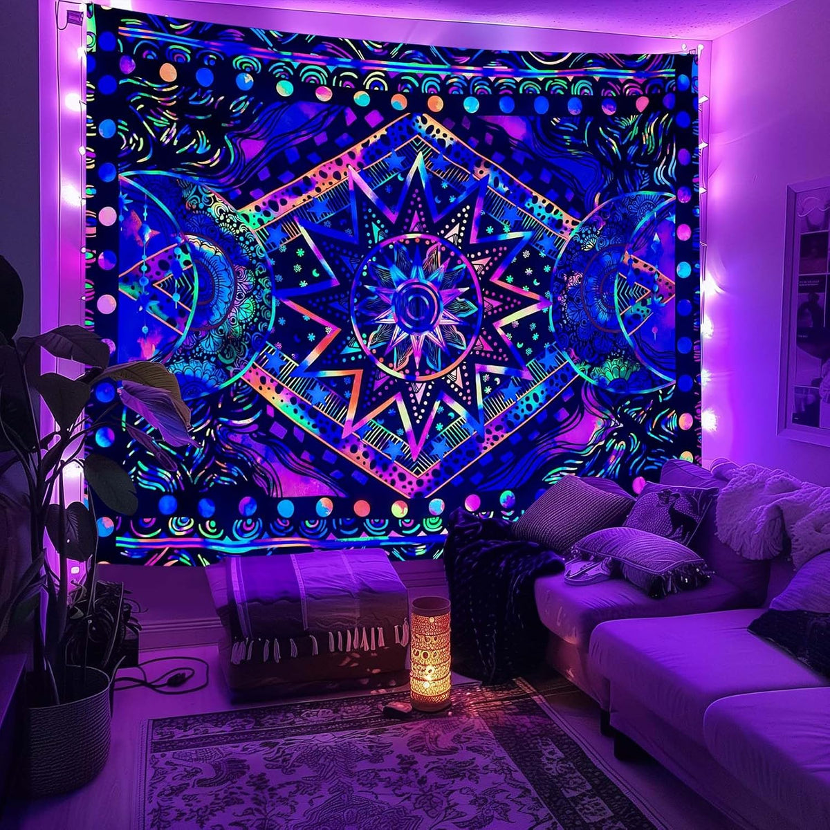 Blacklight Sun and Moon Tapestry Glow in The Dark Neon Hippie Bohemian Tapestries for Bedroom Aesthetic UV Reactive Purple Celestial Tie Dye Tapestry Wall Hanging for Living Room Dorm (40'' × 30'')