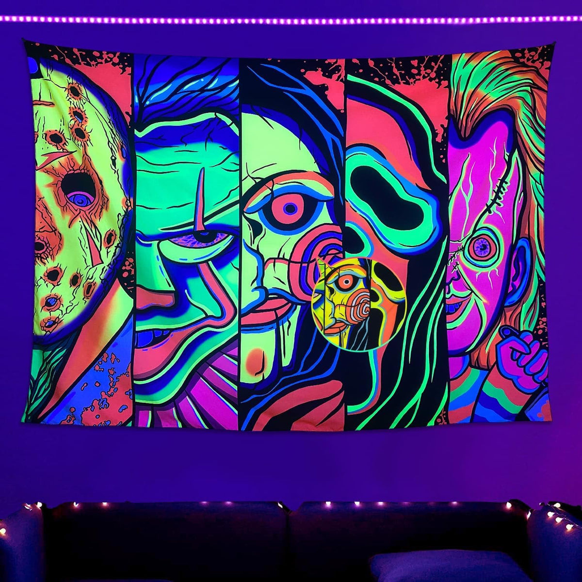 ARTCREATOR Black Light Art Halloween Wall Decor Trippy Blacklight Horror Face Tapestry, UV Reactive Tapestries Glow in The Dark Party Tapestry for Bedroom, Living Room (29" x 37")