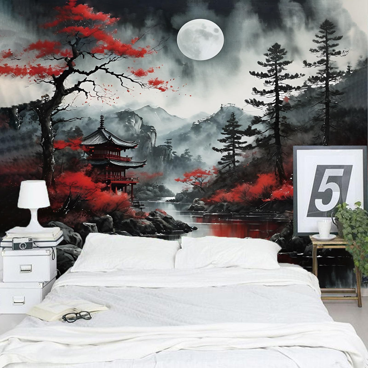 Japanese Wall Art Decor Tapestry for Bedroom, Black and White Anime Posters