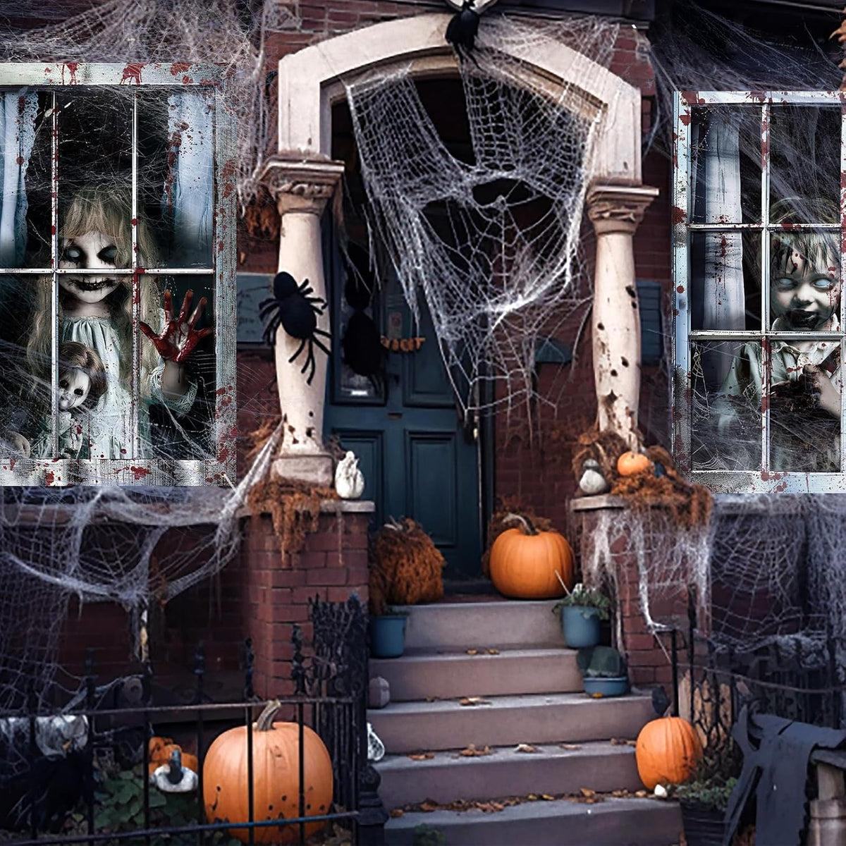 2 Pcs Halloween Scary Window Curtain Cover, Boy and Girl