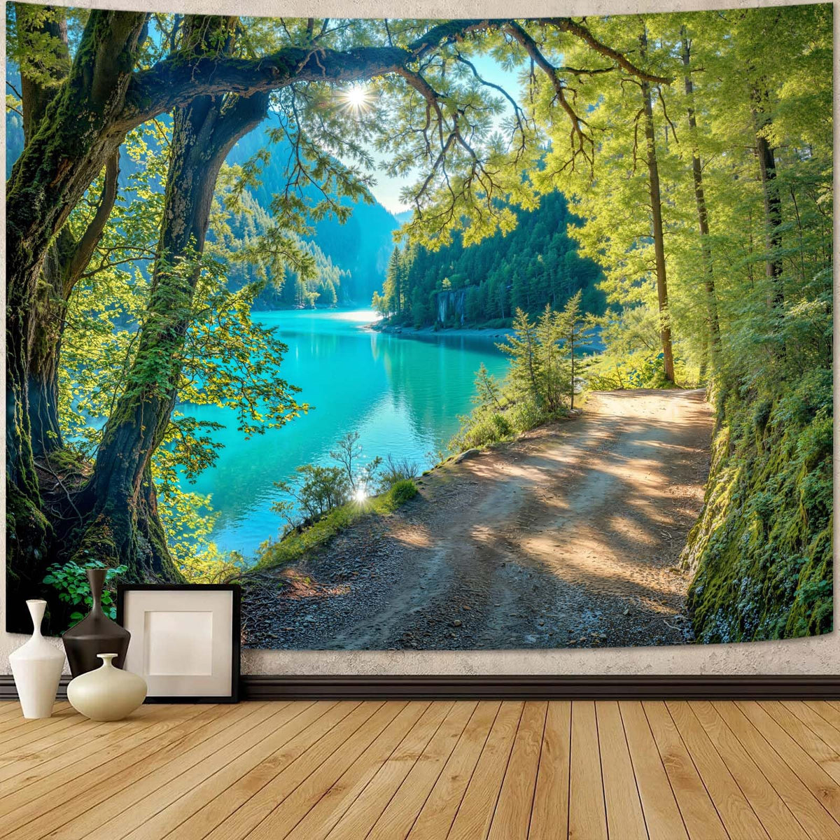 Zussun Nature Forest Tapestry Green Tree Wall Tapestry for Bedroom Aesthetic Plant Stream Pool Landscape Small Tapestries Wall Hanging for Dorm Living Room Decor 48 x 36 Inch