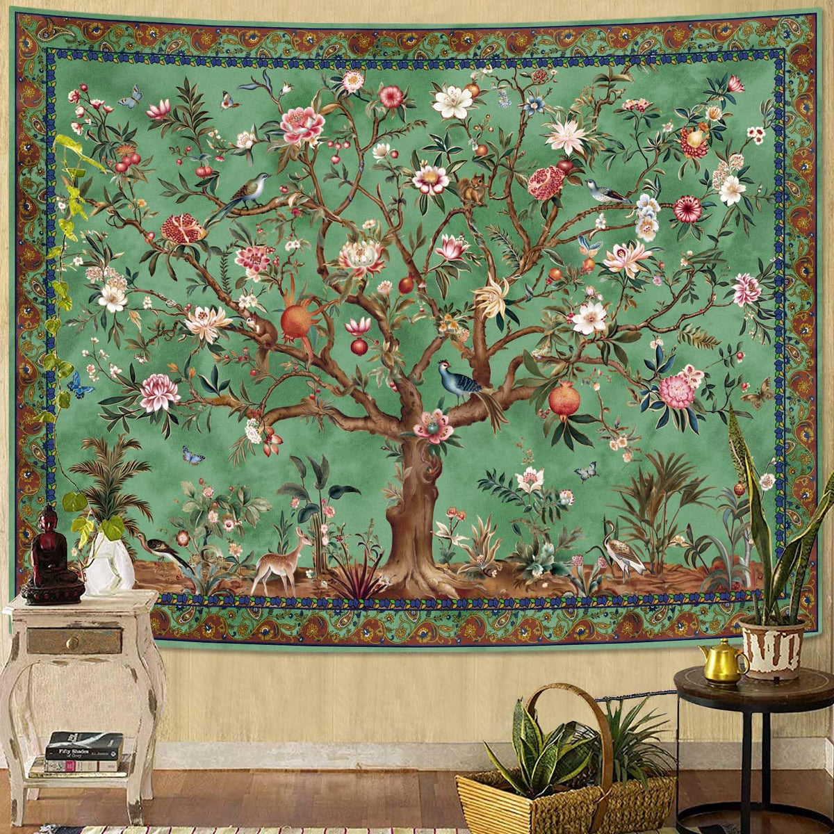 Faxdong Boho Tree of LIfe Tapestry, Vintage Flower Leaves Birds Plant Animal Pattern Tapestries, Retro Indian Bohemian Aesthetic Wall Hanging Orange Yellow 36×48 inch
