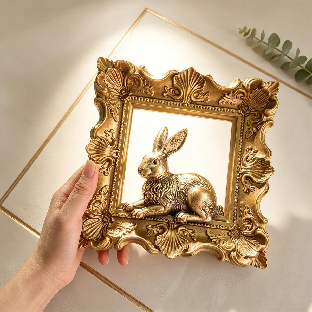 Rabbit Wall Decor with Gold Frame, Baroque Resin Bunny Wall Sculpture
