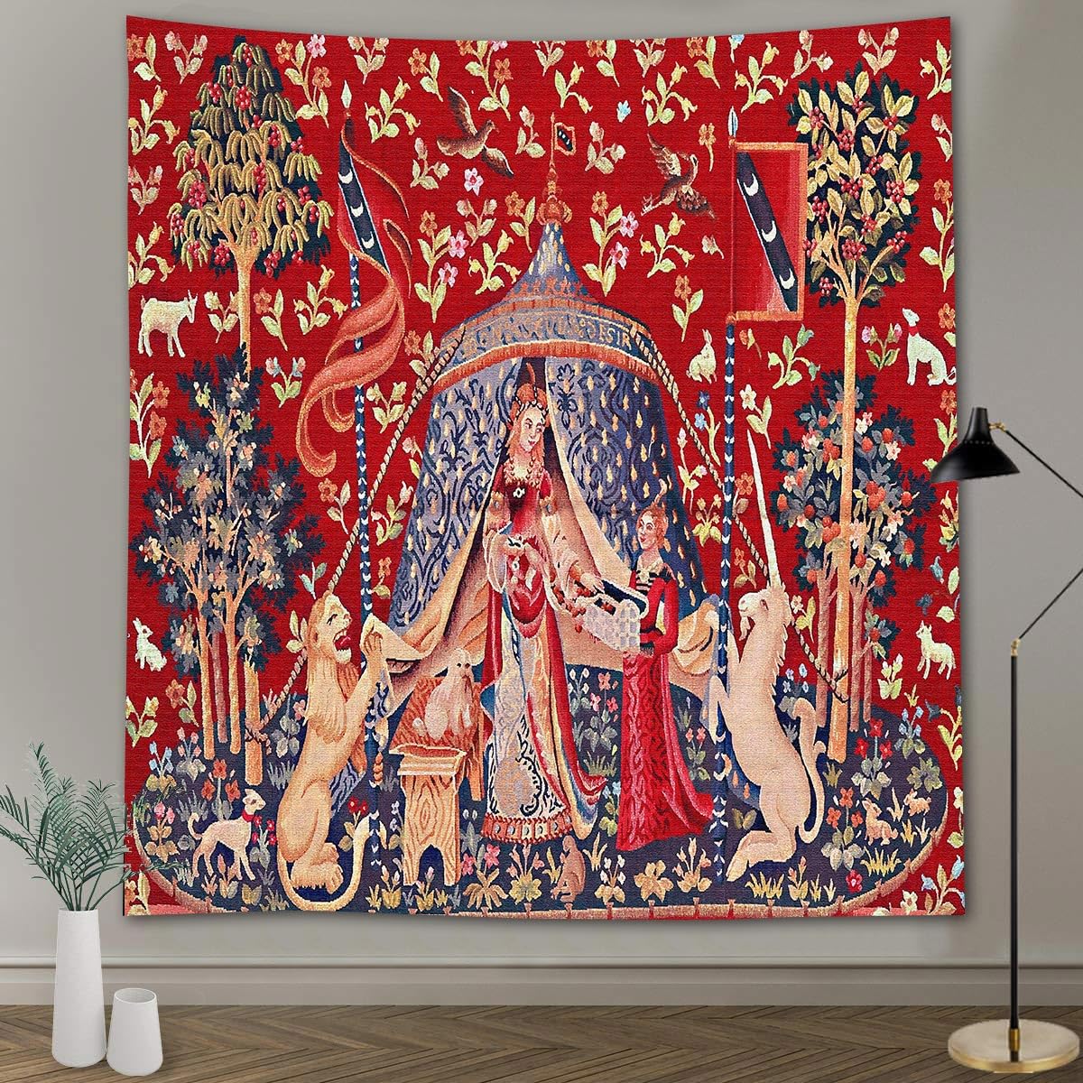 Medieval Tapestry Tapestry Royal Maiden and Unicorn Decor, Red 80x60 In