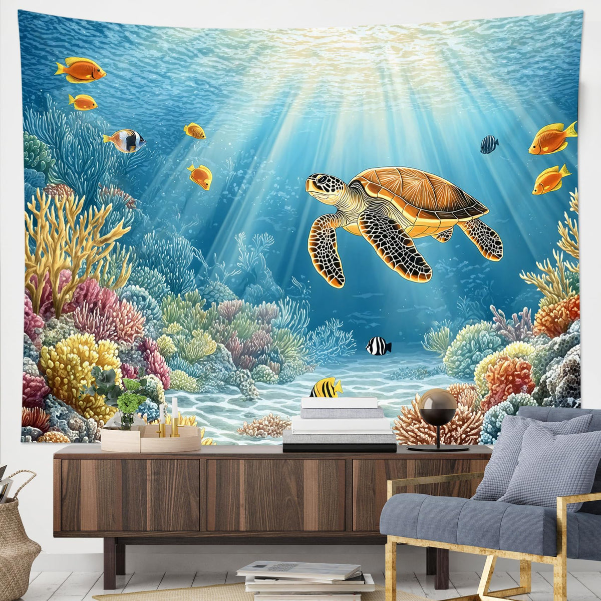 HVEST Ocean Beach Tapestry Wall Hanging, Sunset Seabird and Beach with Grass Wall Tapestry Natural Landscape Tapestries for Bedroom Living Room Dorm Decoration, 60x40 Inches
