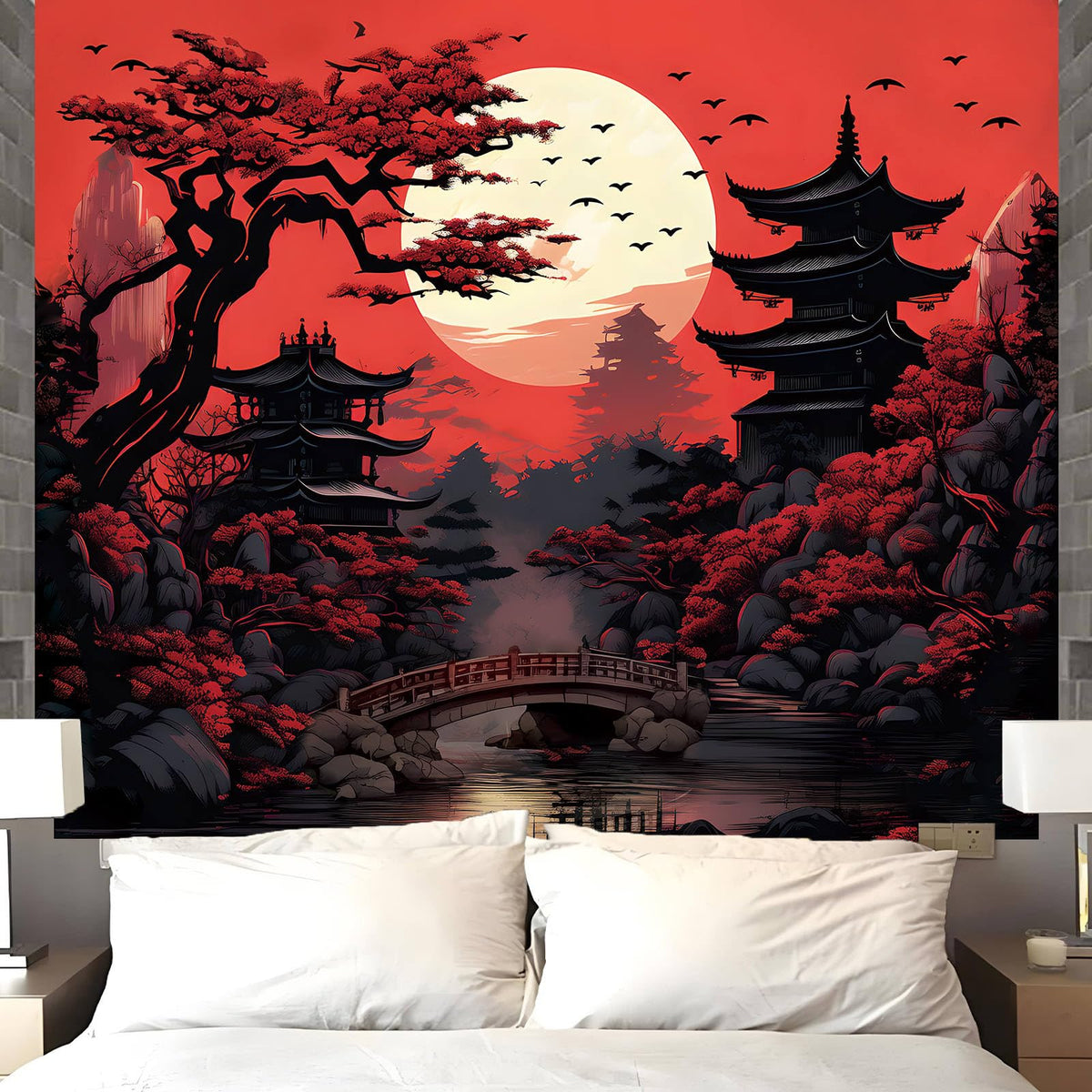 Japanese Wall Art Decor Tapestry for Bedroom, Black and White Anime Posters