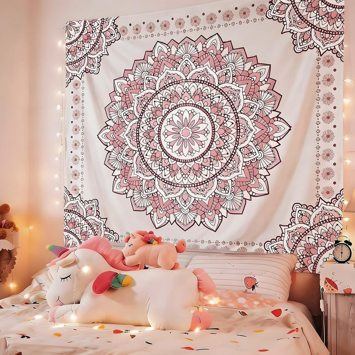 Pink Mandala Tapestry for Bedroom Aesthetic, Boho Art Large Wall Hanging