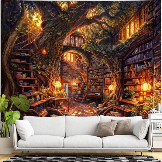 Accnicc Forest Library Tapestry Tree Bookshelf Tapestries Wall Hanging Vintage Fantasy Fairy Treehouse Book Extra Large Tapestry for Bedroom Living Room Dorm Classroom 90 x 68 inch