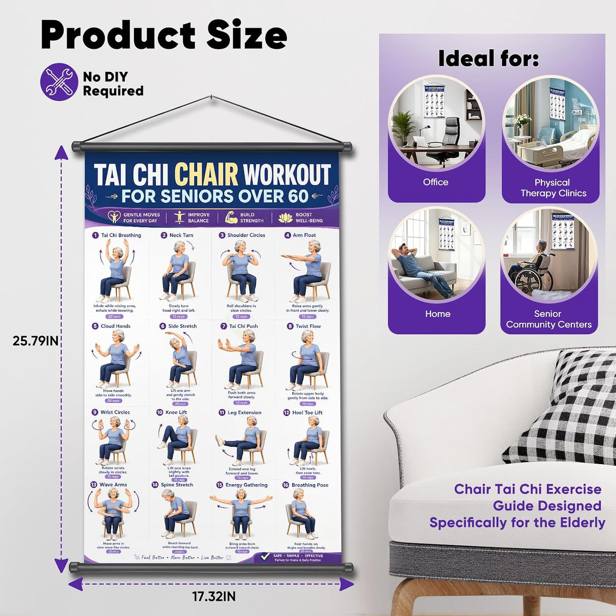 Xpenzi Seated Chair Tai Chi Exercise Poster for Seniors & Beginners, Tai Chi Workout Instruction Chart, Improve Balance & Flexibility, Instructional Wall Art Print, 16 x 24 Inches