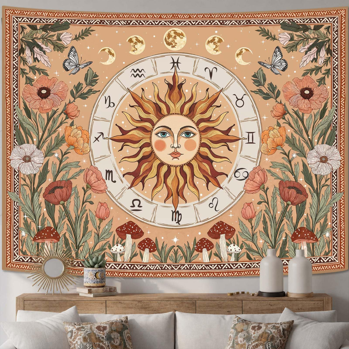 Blacklight Sun and Moon Tapestry Glow in The Dark Neon Hippie Bohemian Tapestries for Bedroom Aesthetic UV Reactive Purple Celestial Tie Dye Tapestry Wall Hanging for Living Room Dorm (40'' × 30'')