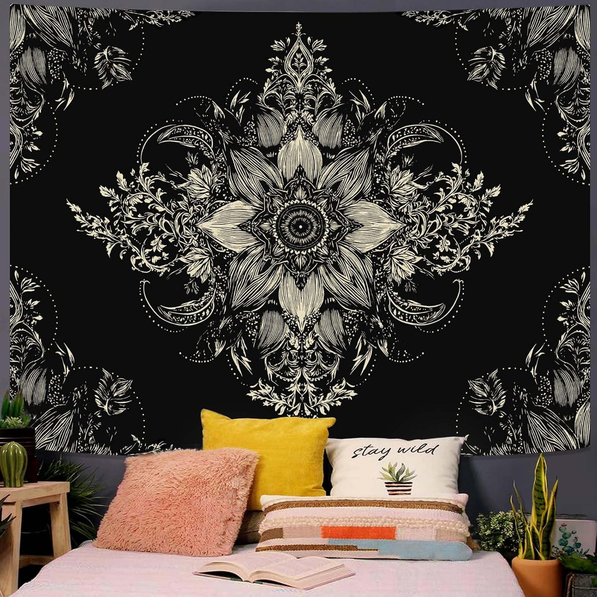 Lifeel Black and White Floral Tapestry, Boho Aesthetic Tapestries, Wall Hanging for Bedroom Living Room Dorm