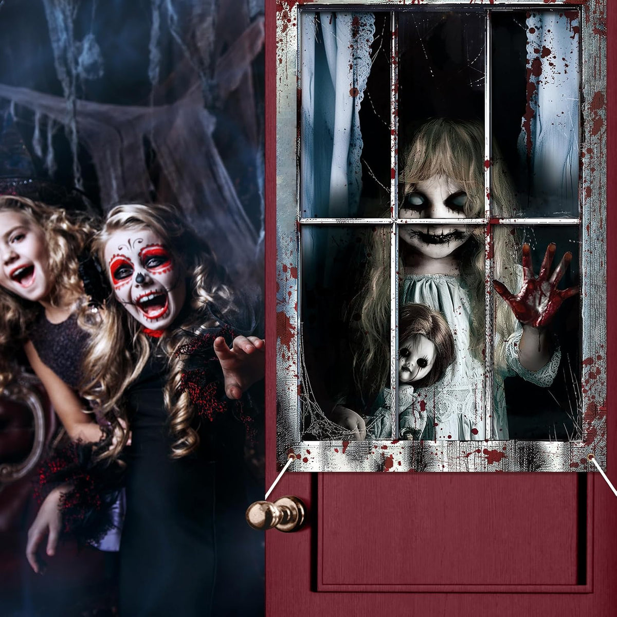 2 Pcs Halloween Scary Window Curtain Cover, Boy and Girl