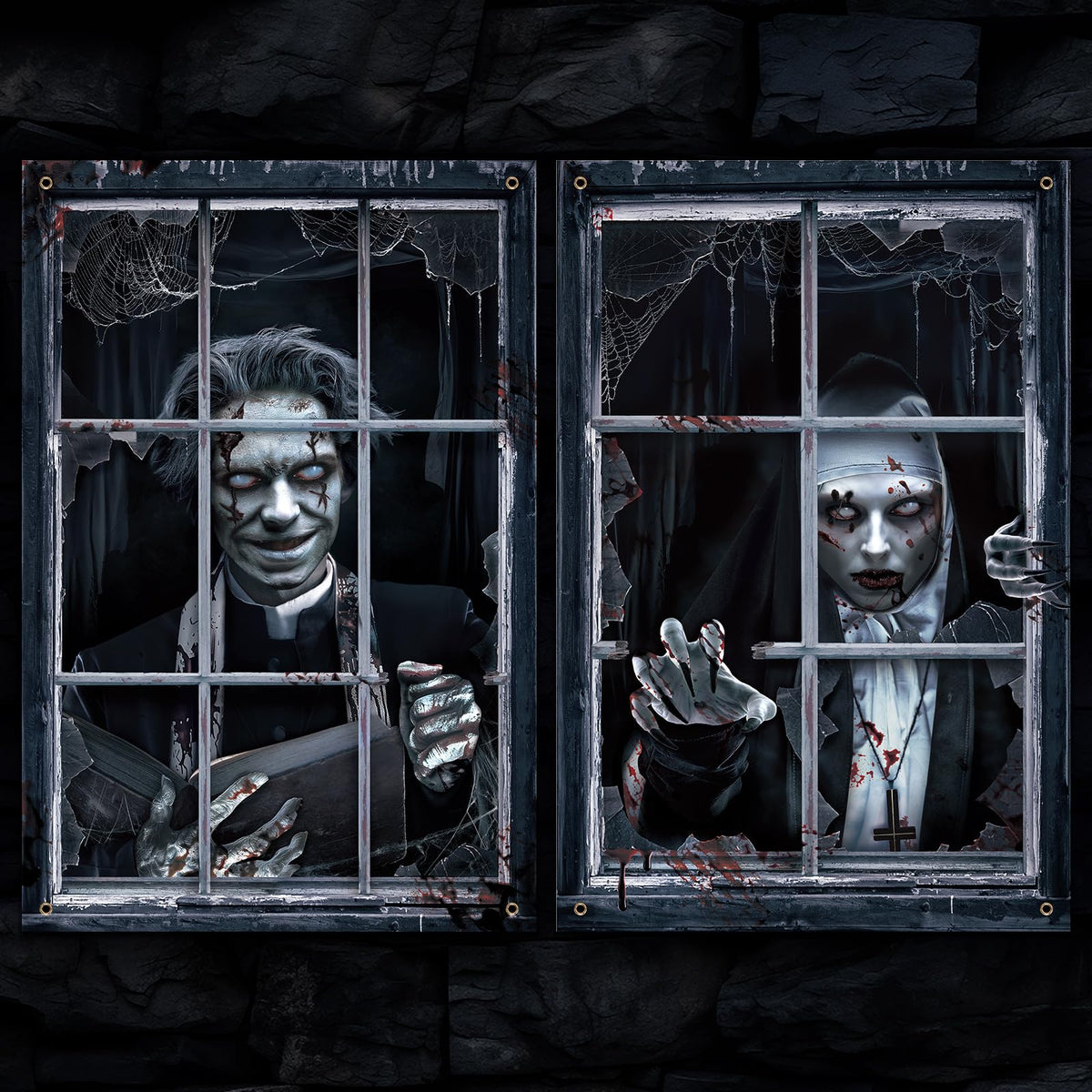2 Pcs Halloween Scary Window Curtain Cover, Boy and Girl