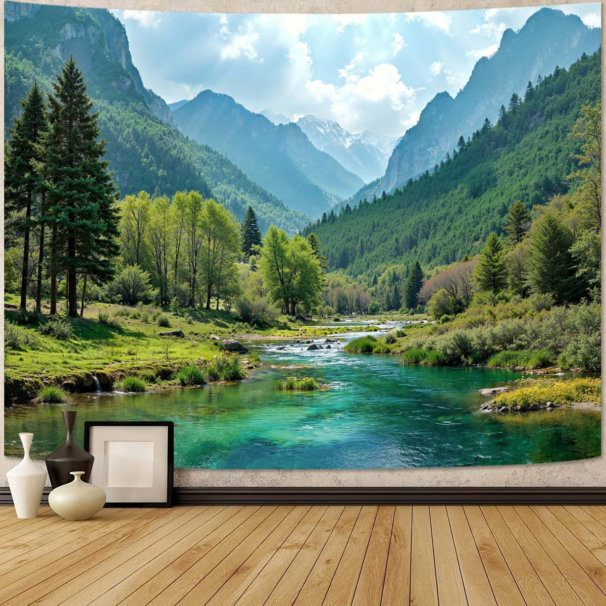 Zussun Nature Forest Tapestry Green Tree Wall Tapestry for Bedroom Aesthetic Plant Stream Pool Landscape Small Tapestries Wall Hanging for Dorm Living Room Decor 48 x 36 Inch