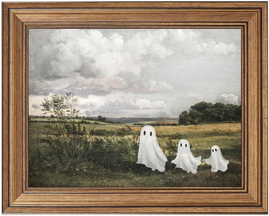 Vintage Halloween Wall Art, Gold Framed Cute Ghost Rustic Landscape Painting, Aesthetic Spooky Farmhouse Decor, Fall Seasonal Canvas Picture for Mantel, Living Room, Bedroom, Shelf Display (12"L x 9.5"W)