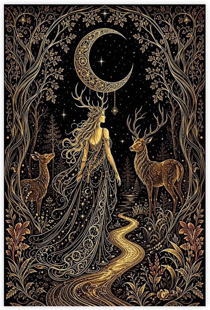 Tilvst Golden Moon Goddess Deer Forest Art Tapestry Canvas Poster