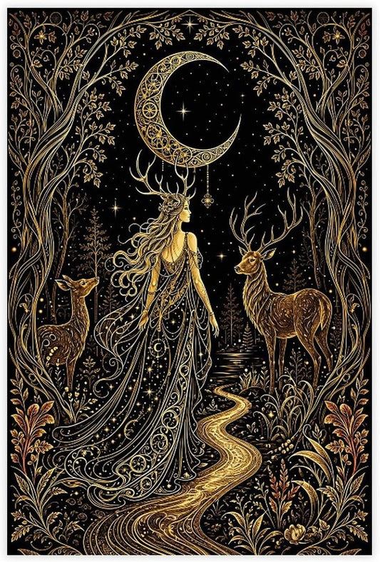 Tilvst Golden Moon Goddess Deer Forest Art Tapestry Canvas Poster