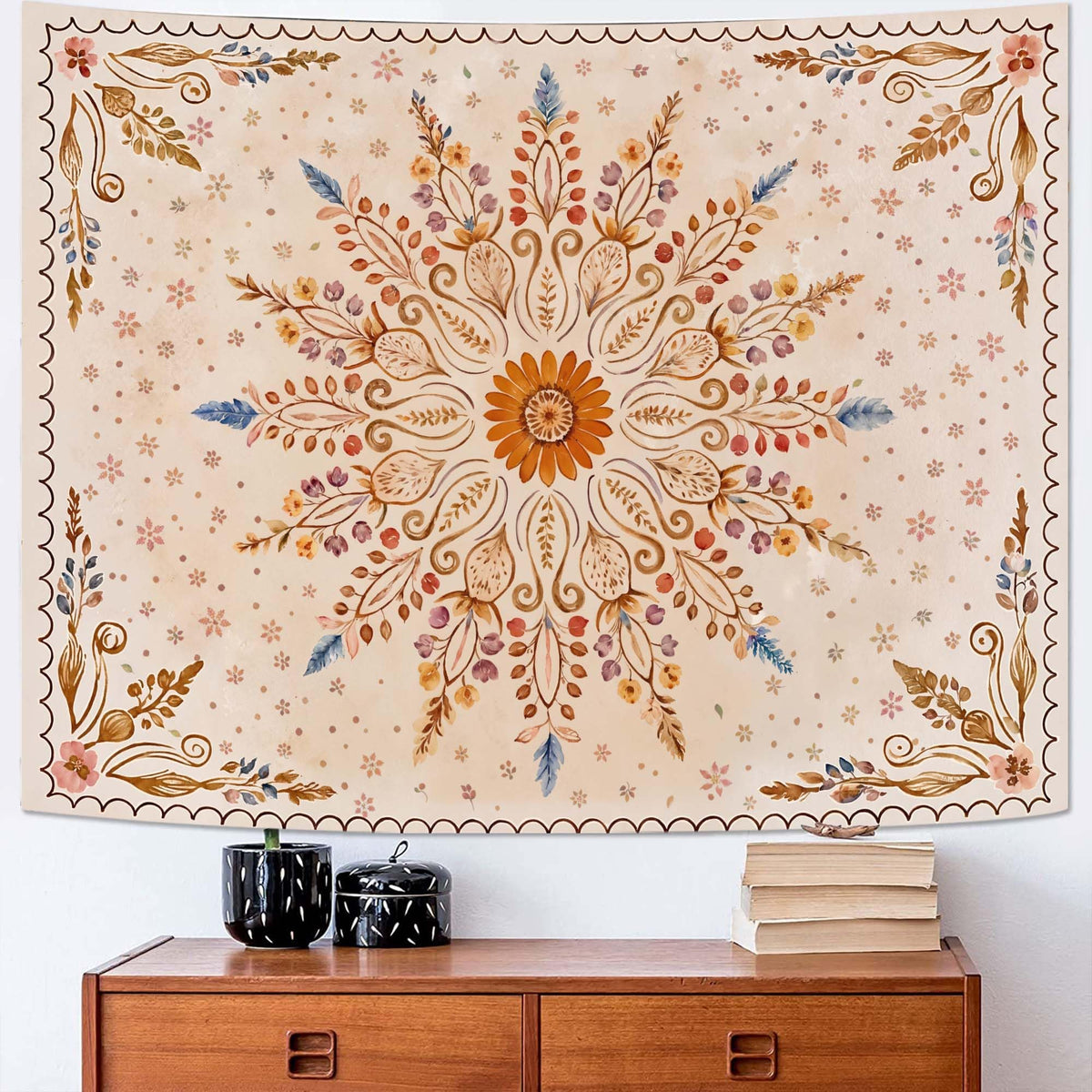 Fowocu Boho Floral Mandala Tapestry Wall Hanging Bohemian Flower Medallion Tapestry Aesthetic Beige Brown Hippie Indian Small Tapestries for Bedroom Living Room Dorm Decor 40 x 30 Inch