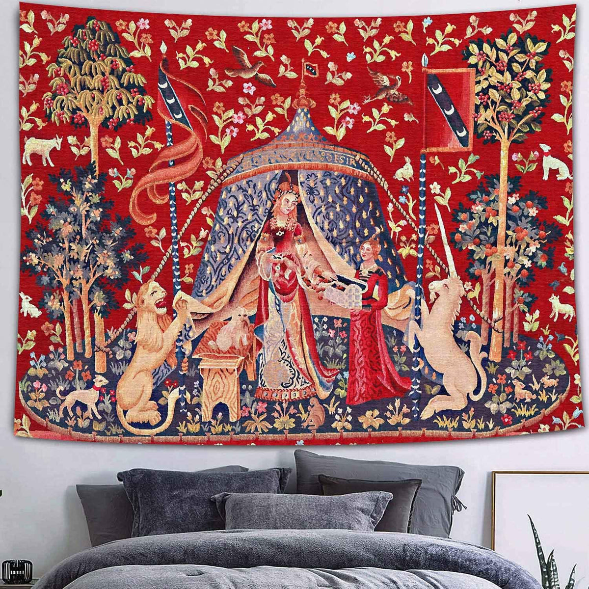 Medieval Tapestry Tapestry Royal Maiden and Unicorn Decor, Red 80x60 In