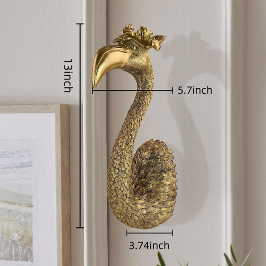 GUSFREUD Vintage Animal Head Wall Decor - 13" Resin Flamingo Wall Art For Home Decor, Gold Bird Wall Sculptures for Living Room, Bedroom, Kitchen, Unique Gift Idea