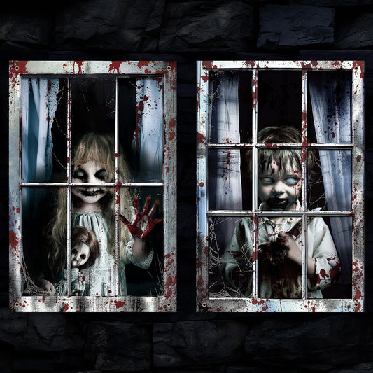 2 Pcs Halloween Scary Window Curtain Cover, Boy and Girl