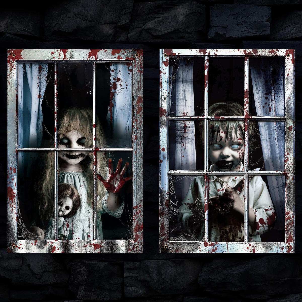 2 Pcs Halloween Scary Window Curtain Cover, Boy and Girl