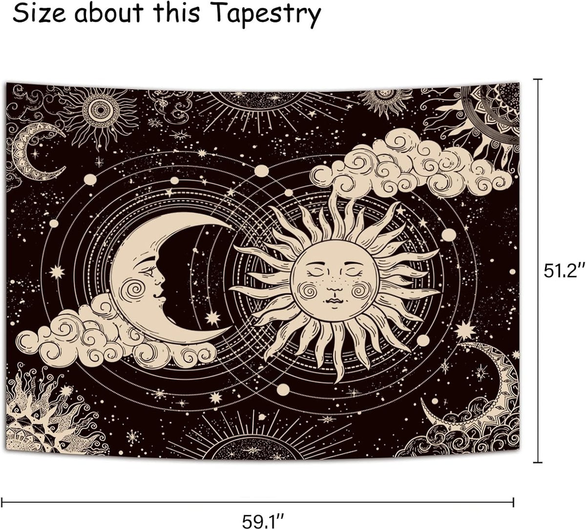 Wonrizon Sun and Moon Tapestry, Aesthetic Black Dark Spiritual Tapestries Mystic Burning Sun with Clouds Star Wall Hanging decor for Bedroom (51.2" x 59.1")