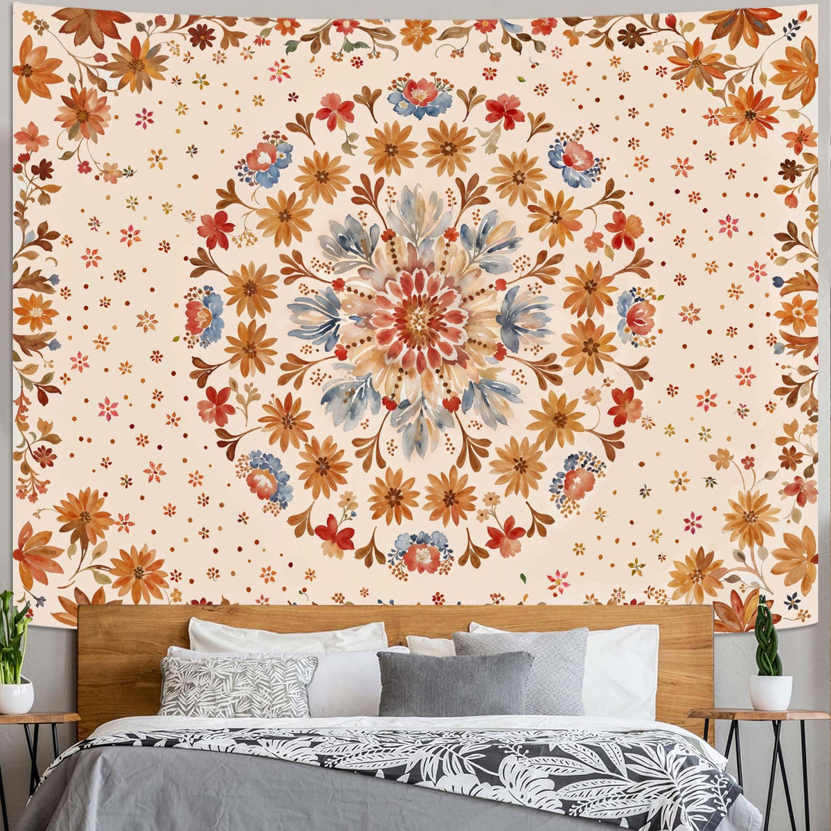 Fowocu Boho Floral Mandala Tapestry Wall Hanging Bohemian Flower Medallion Tapestry Aesthetic Beige Brown Hippie Indian Small Tapestries for Bedroom Living Room Dorm Decor 40 x 30 Inch