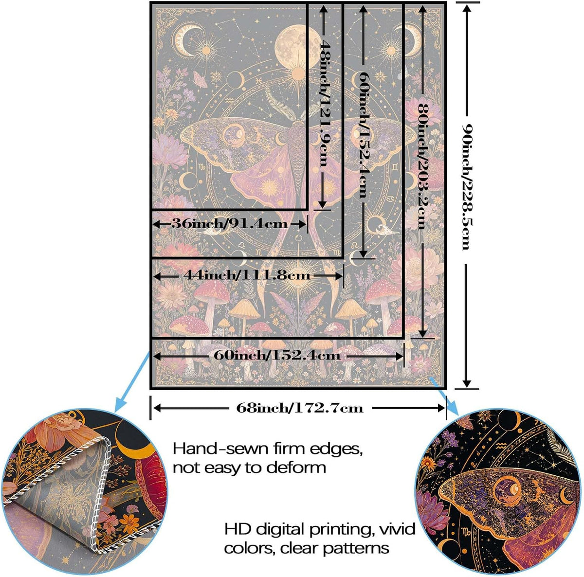 Rexful Celestial Moth Tapestry Wall Hanging Gothic Witchy Moon Phase Mushroom Flower Mystical Design Aesthetics Tapestries for Bedroom Living Room Home Decor