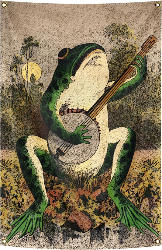 Vintage Boho Wall Hanging Funny Flags 36x24 Inches Banjo Playing Frog Wall Tapestry Aesthetic Vertical Tapestry for Bedroom Living Room Dorm Decor