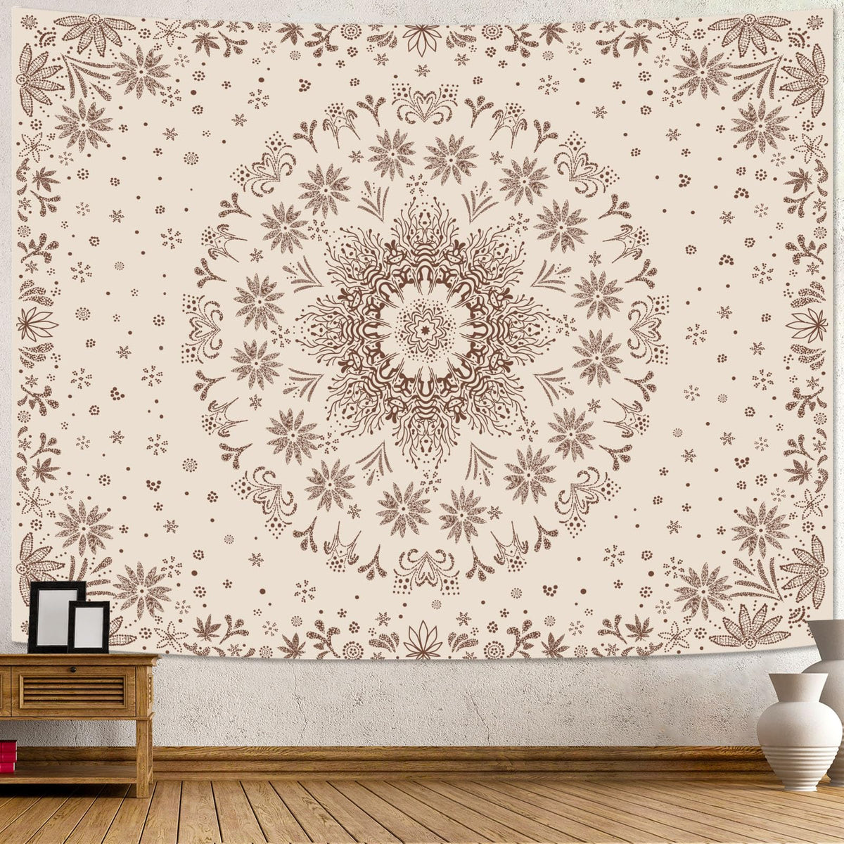 Fowocu Boho Floral Mandala Tapestry Wall Hanging Bohemian Flower Medallion Tapestry Aesthetic Beige Brown Hippie Indian Small Tapestries for Bedroom Living Room Dorm Decor 40 x 30 Inch