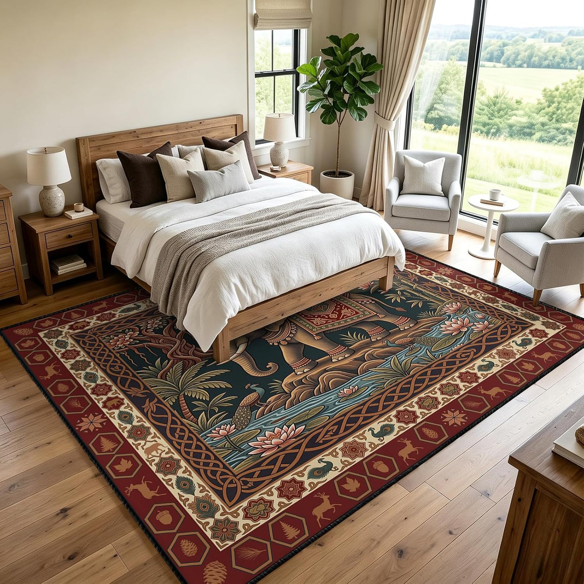Indian Elephant Area Rug 3x5 Red Vintage Boho Tapestry Style Carpet