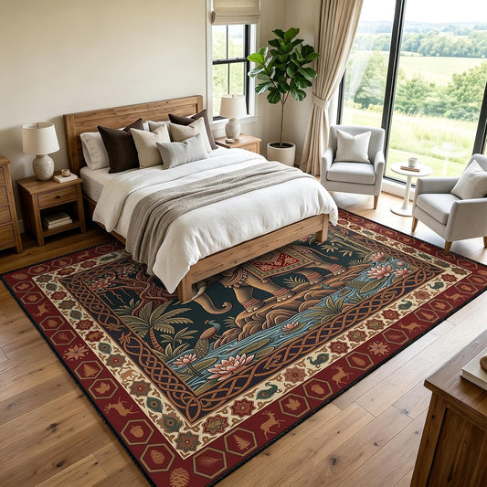 Indian Elephant Area Rug 3x5 Red Vintage Boho Tapestry Style Carpet