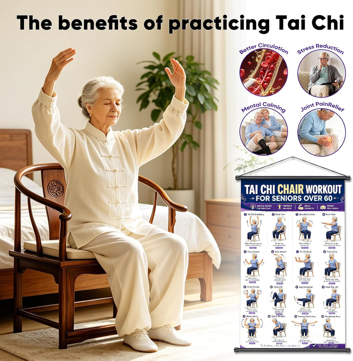 Xpenzi Seated Chair Tai Chi Exercise Poster for Seniors & Beginners, Tai Chi Workout Instruction Chart, Improve Balance & Flexibility, Instructional Wall Art Print, 16 x 24 Inches