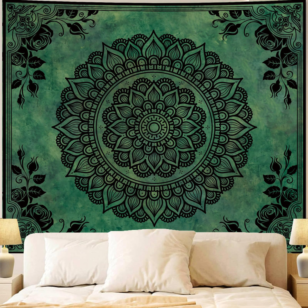 Green Boho Mandala Tapestry for Bedroom, Large Hippie Ceiling Wall Hanging