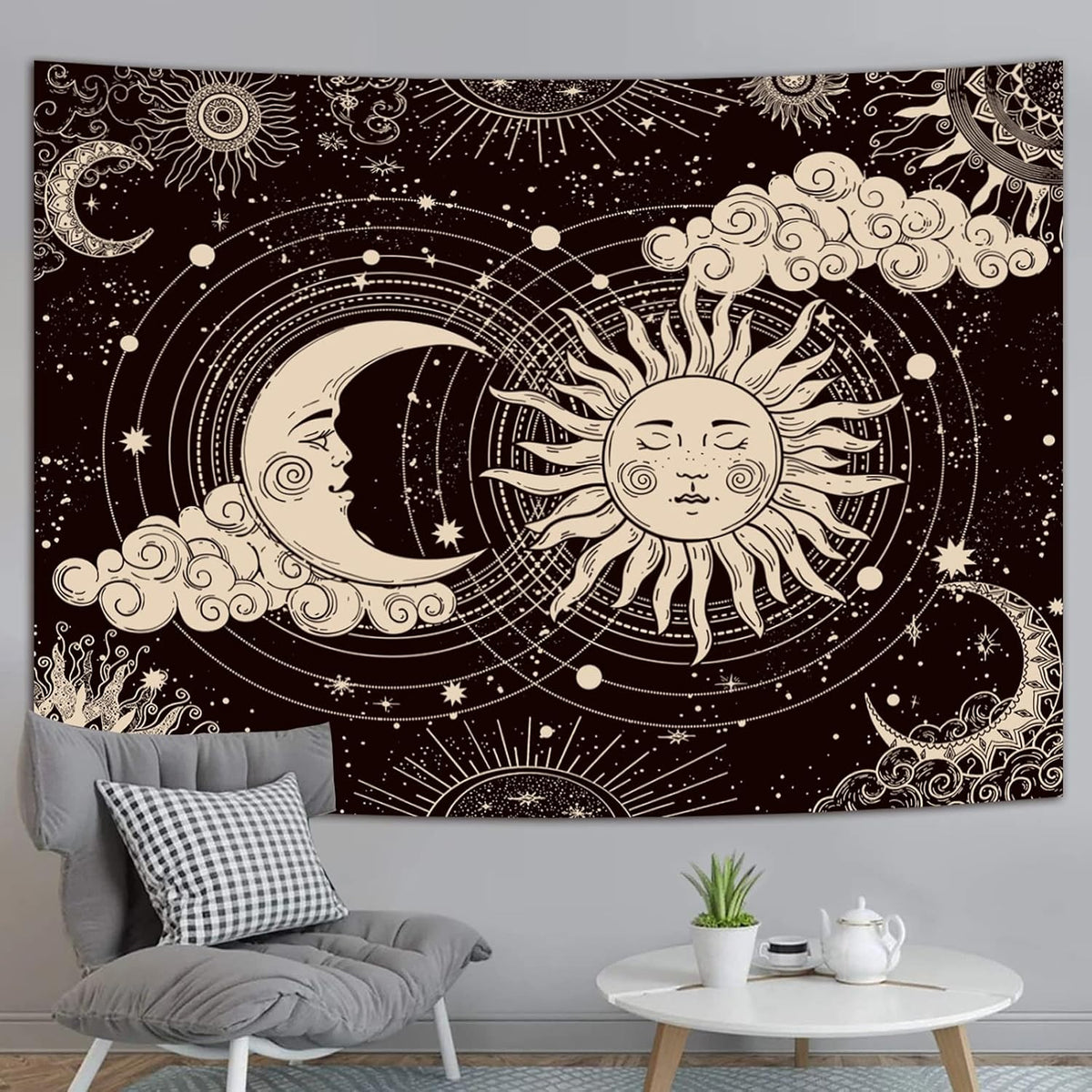 Wonrizon Sun and Moon Tapestry, Aesthetic Black Dark Spiritual Tapestries Mystic Burning Sun with Clouds Star Wall Hanging decor for Bedroom (51.2" x 59.1")