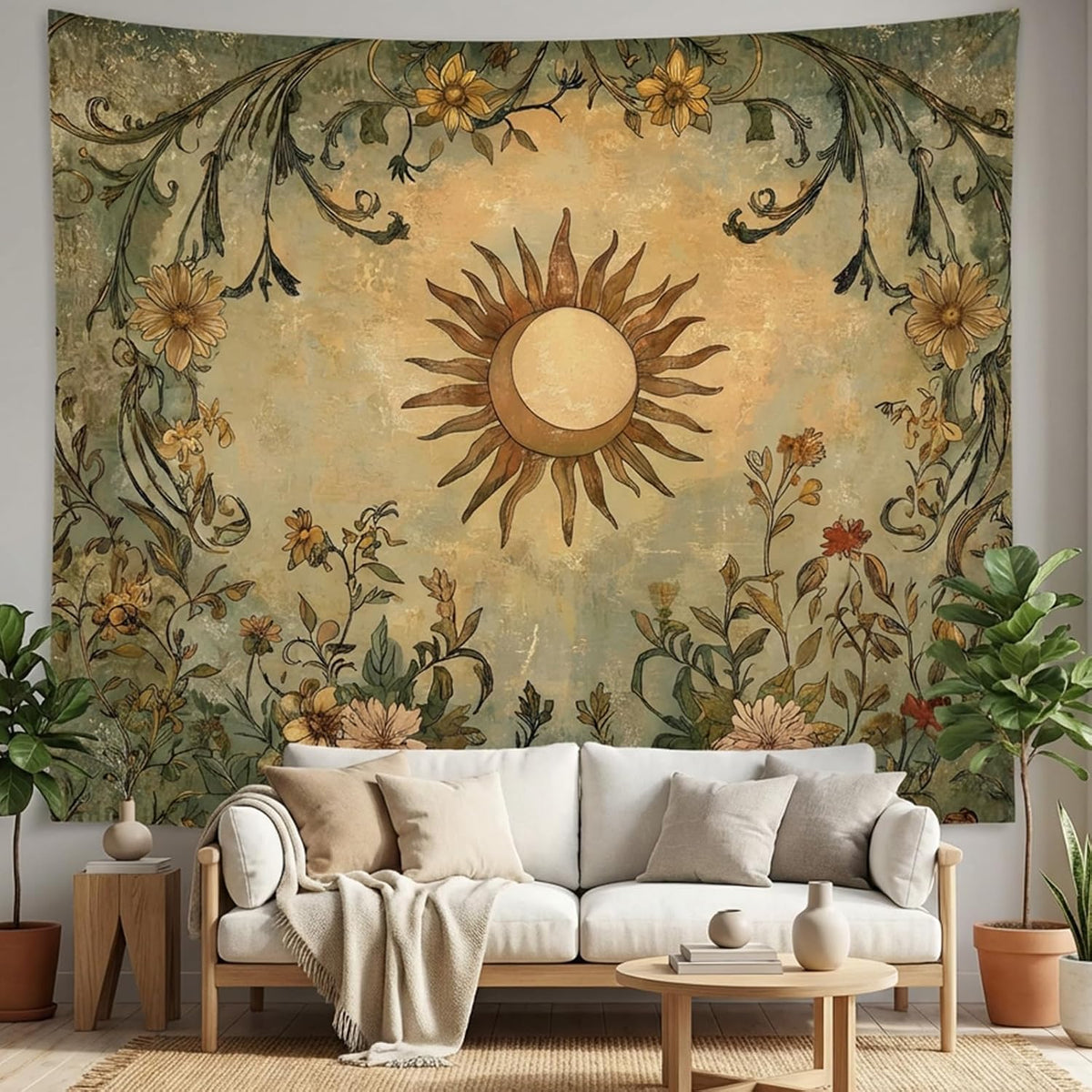 Lifeel Vintage Sun and Moon Tapestry, Boho Retro Green Plant Aesthetics Tapestries for Living Room Dorm, 36x48 inches