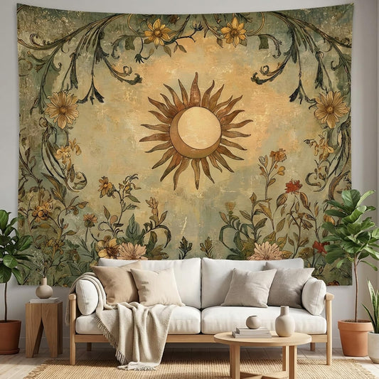 Lifeel Vintage Sun and Moon Tapestry, Boho Retro Green Plant Aesthetics Tapestries for Living Room Dorm, 36x48 inches
