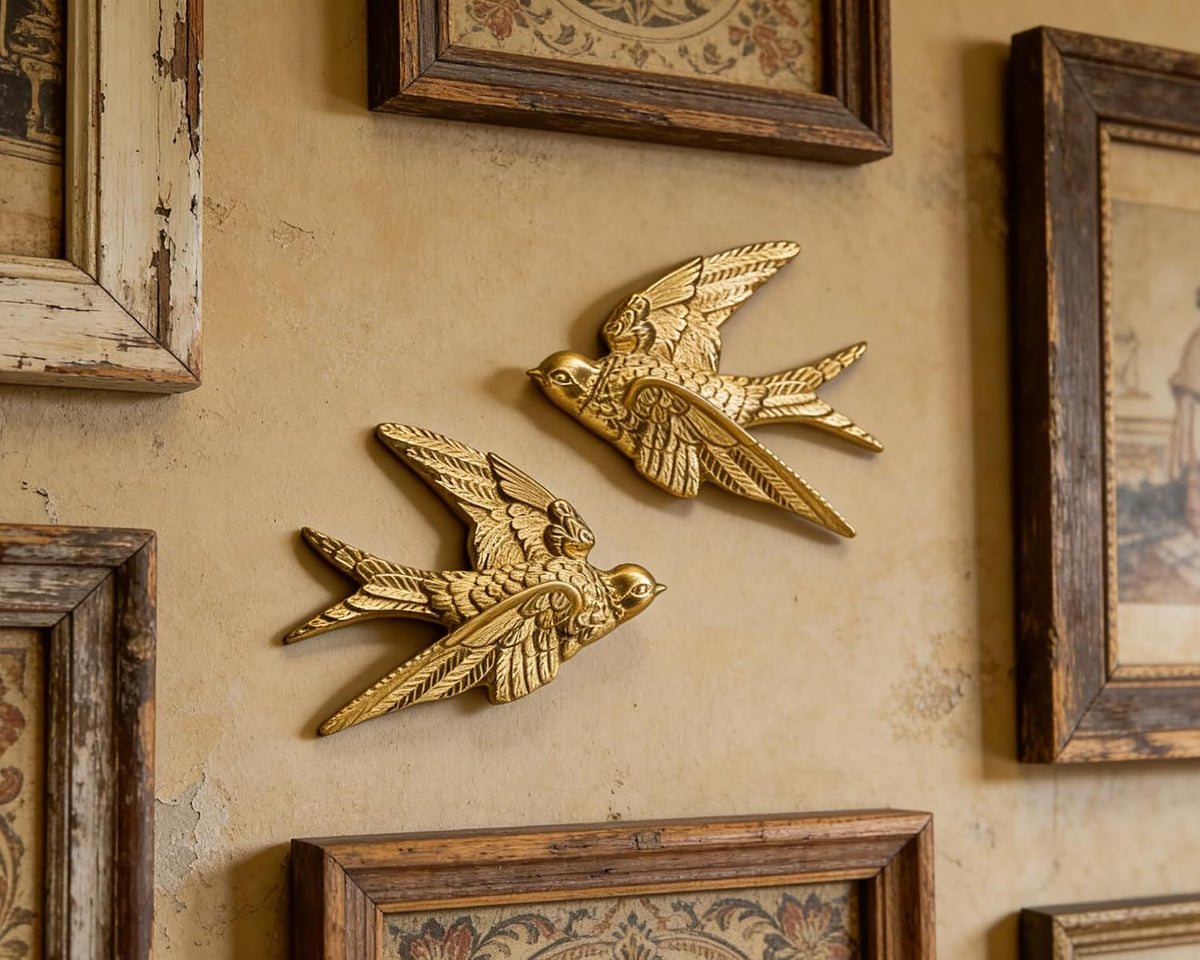 AMOIENSIS 4.75 Inch Gold Swallow Bird Wall Sculpture Set of 2